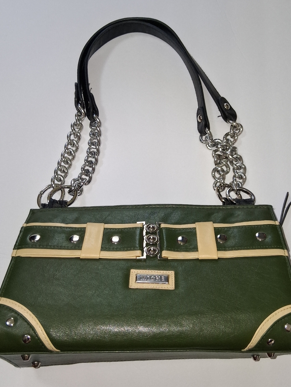 Miche Green and Cream Shoulder Bag with Silver Chain Handles